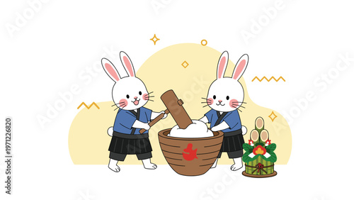 Two cute white rabbits in blue traditional clothes preparing mochi with a large wooden mallet on a festive background.