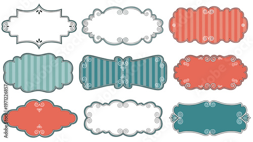 Set of nine vintage style decorative labels and frames in blue and red tones with elegant swirling corner details on white.