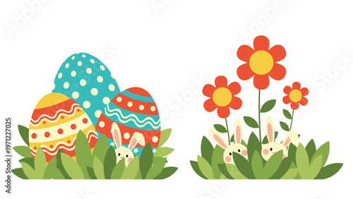 Easter decoration featuring colorful patterned eggs and small bunnies hiding behind green grass and bright red flowers.