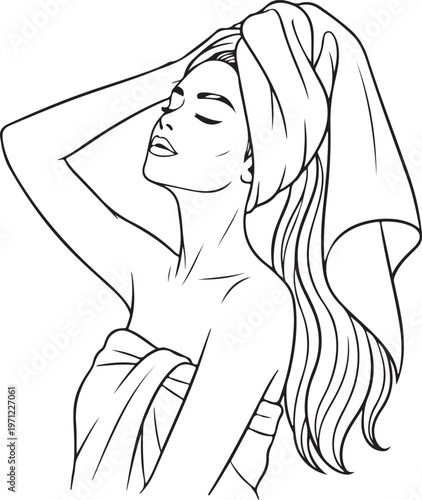 Woman with towel on head, female illustration, line art beauty, towel wrapped hair
