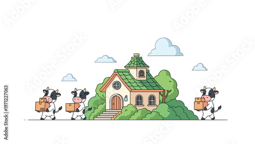 Cute illustration of cows wearing aprons and carrying moving boxes towards a charming house in a lush green garden.
