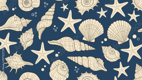 Elegant seamless pattern of hand drawn seashells and starfish scattered over a dark blue ocean background.