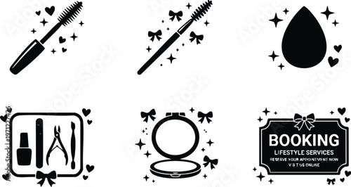 Black mascara brush glitter hearts bow with beauty tools compact mirror and booking service label vector art