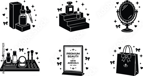 Black and white flat beauty products set with premium new arrivals sign and shopping bag