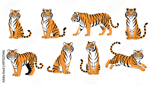 Collection of eight tigers illustrated in different dynamic poses including walking, sitting, and running.