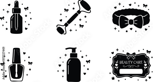 Black and white beauty care icons with dropper bottle roller and nail polish