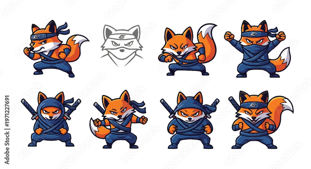 Fototapeta premium Fox ninja mascot character poses vector set illustration