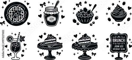 Black and white brunch icons with waffles jam cake and cocktail line art