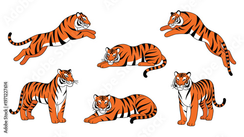 Six orange and black striped tigers depicted in dynamic running, jumping, and relaxed lying down positions.