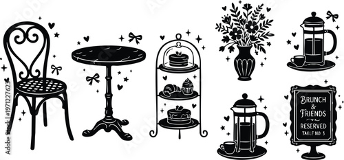 Black and white cafe chair table cake stand coffee pot and brunch friends reserved sign vector art