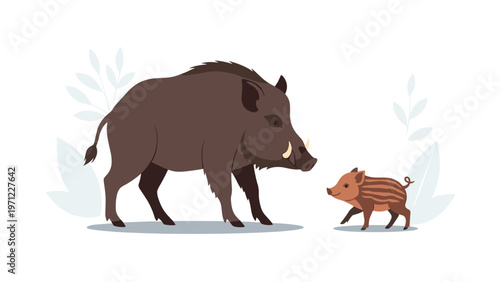 Large brown wild boar and its small striped piglet standing together on a simple natural background with leaves.