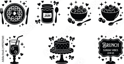 Black and white brunch icons including waffle with butter jam jar berry bowls and cake
