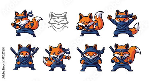 Fox ninja mascot character poses vector set illustration