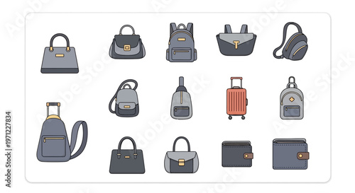 A collection of vector illustrations featuring various types of bags and accessories