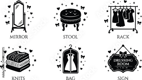 Black and white line art dressing room mirror stool rack knits bag and sign icons