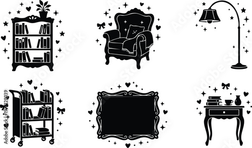 Black and white vintage reading nook with bookshelf armchair floor lamp and side table with books