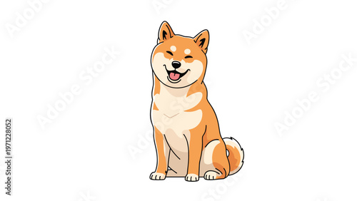 Happy and friendly shiba inu dog sitting upright with its eyes closed in a cheerful smile on a white background.