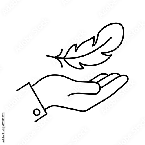 Minimalist contour icon of a weightless feather floating over an open palm, symbolizing extreme softness, gentleness and delicate care. Vector illustration.