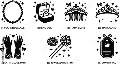 Black and white pearl necklace ring box tiara comb satin glove pair jeweled hair pin luxury tag vector art