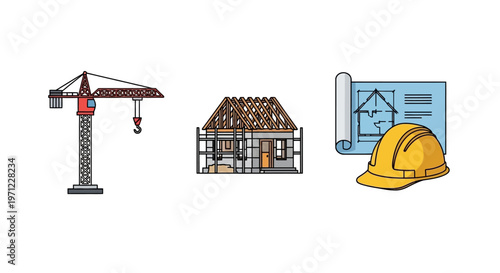 Construction site illustration featuring a crane, house frame, blueprints, and helmet
