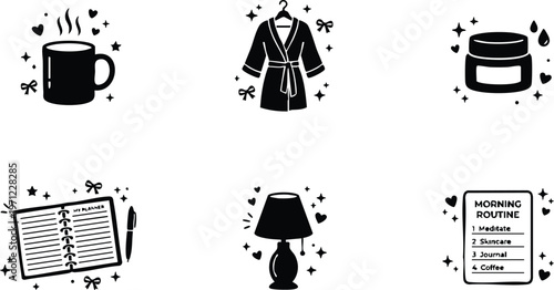 Black and white morning routine coffee planner robe lamp skincare icons vector art