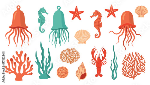 Set of various vibrant sea animals and plants including jellyfish, seahorses, lobster, coral, and shells on white.