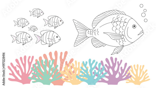 Black and white line art illustration of a diverse school of fish swimming above colorful coral reefs in the sea.