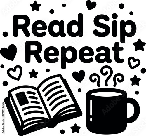 Read sip repeat phrase with book and coffee cup vector art