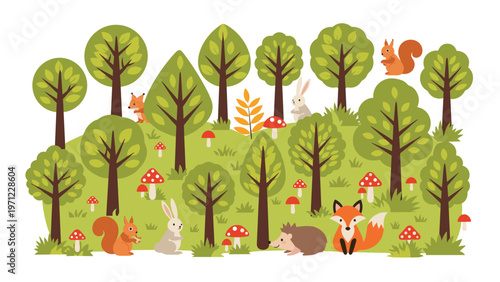 Charming forest scene filled with diverse animals like fox, hedgehog, rabbit, and squirrel among green trees and mushrooms.