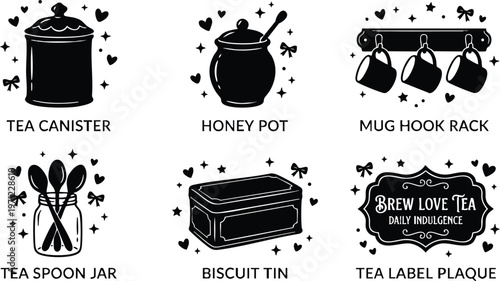 Black and white kitchen storage icons tea canister honey pot mug hook rack tea spoon jar biscuit tin tea label plaque