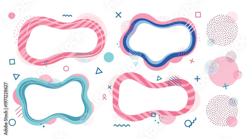 Four abstract fluid frame shapes with vibrant pink and blue colors and playful geometric patterns for modern design.