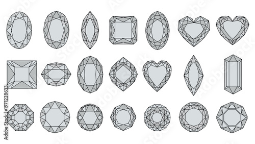 Collection of twenty-one different diamond and gemstone cuts illustrated with black outlines and grey shading.