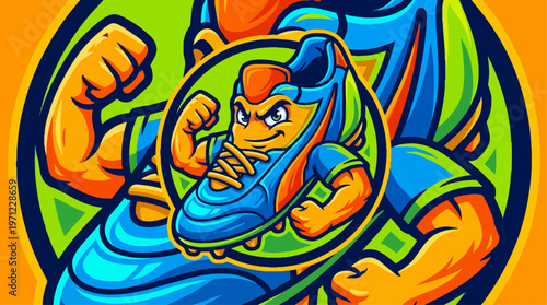 Muscular Cartoon Character Holding Shoe.