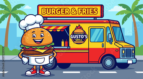 Cartoon burger mascot chef food truck.