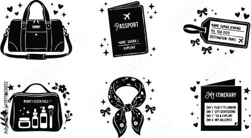 Black and white travel essentials duffel bag passport luggage tag and itinerary flat vector art