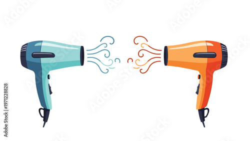 Pair of hair dryers in teal and orange colors blowing cool and hot air towards each other in a flat vector illustration.