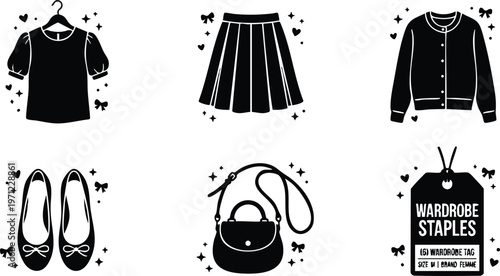 Black and white wardrobe staples icons including blouse skirt cardigan shoes handbag and clothing tag