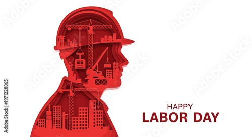 A red silhouette of a construction worker on Labor Day