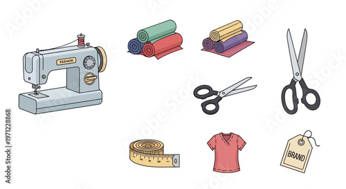 Illustration depicting sewing tools and materials for tailoring and fashion design projects