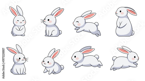 Set of eight cute white rabbit illustrations in various poses including sitting jumping and standing for easter decorations.