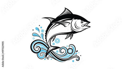 Powerful tuna fish leaping out of blue swirling water with splashes and bubbles in a stylized graphic vector illustration.