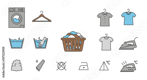 Illustration of laundry icons, depicting washing, drying, and ironing procedures