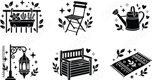 Black and white gardening tools and outdoor furniture vector art with plants and decorative stars