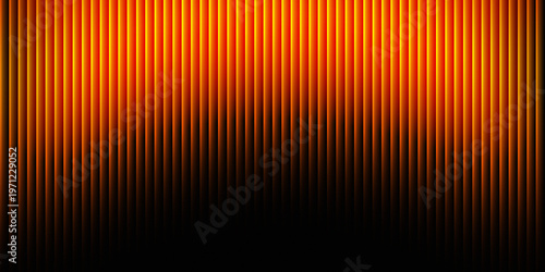 Vibrant abstract background featuring numerous parallel vertical lines with a warm orange and red gradient, creating a dynamic and energetic visual effect that fades into darkness.