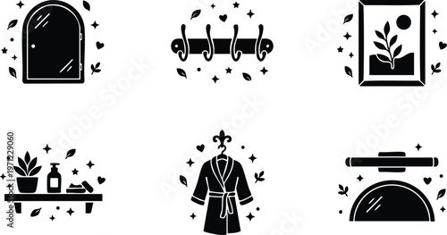 Black and white line art bathroom items including mirror hanger plant and robe