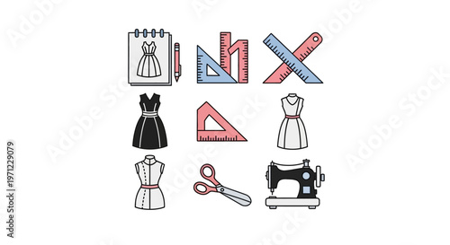 Illustration of sewing tools and dress designs, ideal for fashion and design concepts