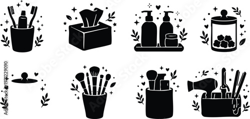 Black and white bathroom accessories icons with leaves and stars decoration