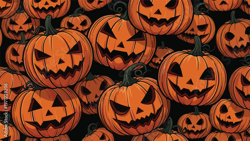 Seamless halloween pattern featuring many carved jack o lanterns with scary faces and glowing eyes on a dark background.