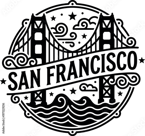 Black and white line art san francisco golden gate bridge with waves and stars