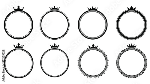 Set of eight circular frame designs featuring different black crown icons on top suitable for royal or luxury branding.